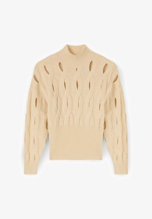 Maglione beige lavorato a maglia con un collo alto, caratterizzato da un motivo ondulato con aperture e orlo e polsini a coste. Texture morbida, lunghezza corta.