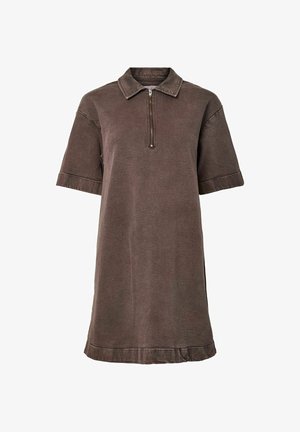 Korte mouwen, geklede jurk van donkergroene stof met een halflange rits aan de voorkant, met een ontspannen pasvorm en een zoom met een opgerold accent.
