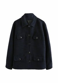 Navy button-up jacket with a textured fabric, featuring a collar, four front pockets, and black hardware accents.