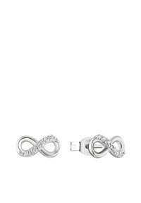 Orecchini a forma di infinito in argento con piccoli cristalli trasparenti sulla parte frontale, fissati con chiusura a spinta.