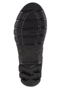Zwarte rubberen schoenzool met een gestructureerd patroon, voorzien van een combinatie van verhoogde lijnen en groeven voor grip. Inclusief circulaire logo-details.