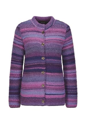 Gebreide, knoopsluiting cardigan met horizontale strepen in tinten paars, roze en blauw; ronde halslijn en textiel met een structuur.