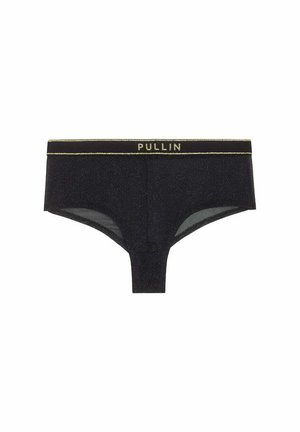 Slip noir pour homme avec bordure dorée et ceinture élastique portant l’inscription "PULLIN" en lettres dorées.