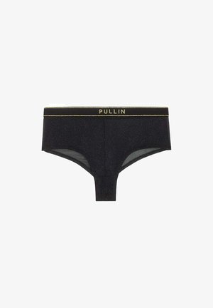 Slip noir pour homme avec bordure dorée et ceinture élastique portant l’inscription "PULLIN" en lettres dorées.
