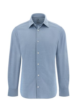 Lichtblauwe long-sleeve shirt van een gestructureerde stof, met een klassieke kraag en knoopsluiting, witte knopen en een getailleerde pasvorm.