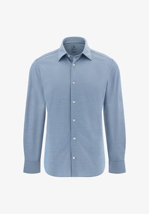 Světle modrá košile s dlouhým rukávem vyrobená z texturované látky, s klasickým límcem a zapínáním na knoflíky, s bílými knoflíky a priléhavým střihem.