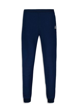 Navy blue sweatpants made of soft fabric, featuring an elastic waistband and cuffs, with a small logo detail on the left upper side.