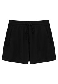 Pantalones cortos negros hechos de una tela ligera, con una cinturilla elástica y cordón, y dos bolsillos laterales. Diseño simple con líneas limpias.