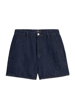 Dunkelblaue Jeansshorts mit Vordertaschen, Gürtelschlaufen und einem Knopfverschluss an der Taille.