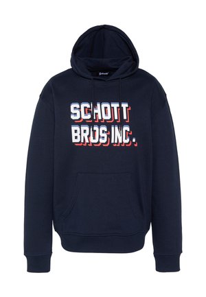 Marineblauer Hoodie mit vorderer Kängurutasche und fett gedrucktem weißen Text "SCHOTT BROS INC." mit rotem Schatten auf der Brust.