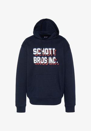 Marineblå hættetrøje med front-kængurulomme og fed hvid tekst "SCHOTT BROS INC." med rød skygge på brystet.