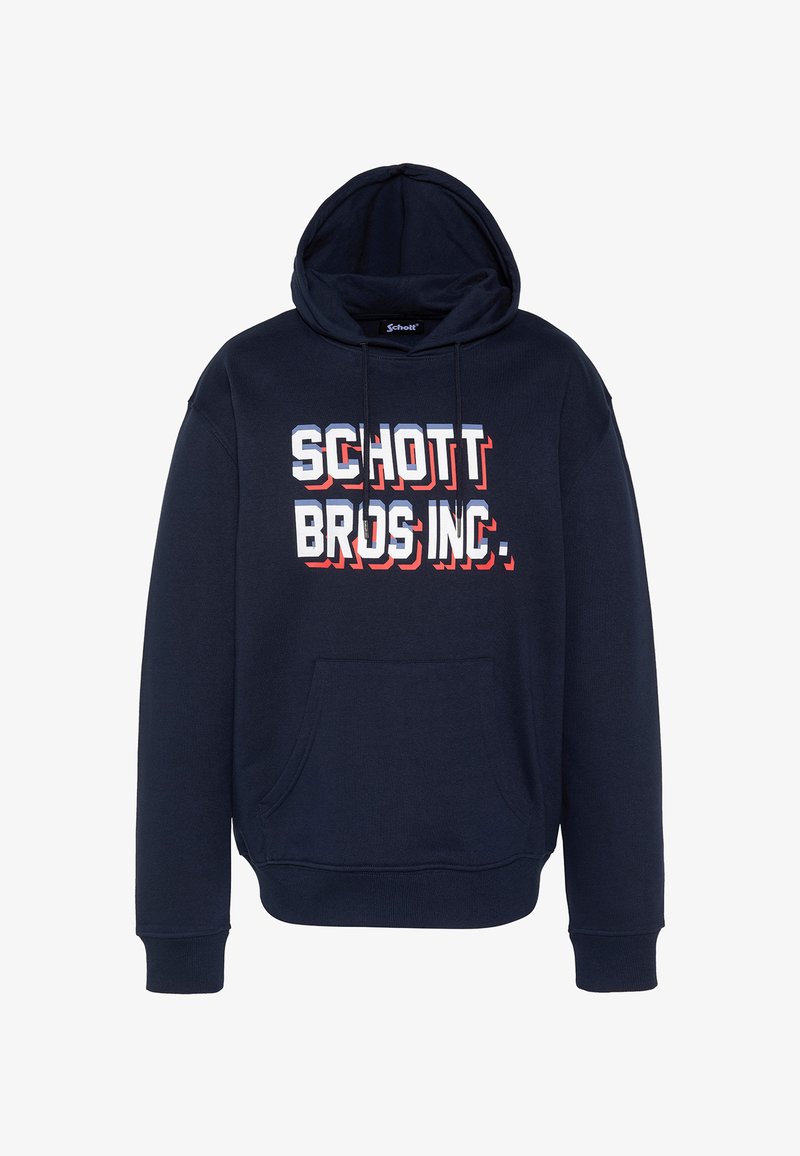 Sweat à capuche bleu marine avec poche kangourou frontale et texte blanc audacieux "SCHOTT BROS INC." avec ombrage rouge sur la poitrine.