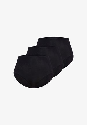 Trois slips noirs taille haute en coton disposés côte à côte sur un fond blanc.