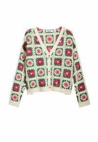 Virad kavaj med en krämfärgad bas, prydd med blommönster i rosa och grönt. V-ringad design med knappstängning och långa ärmar.