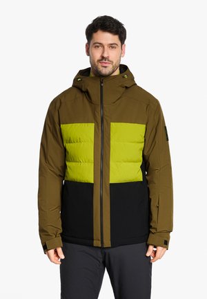 Men's hooded jacket in brown, yellow-green, and black. Features a puffy front panel, zip closure, and adjustable cuffs for comfort.