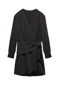 Black wrap dress with long sleeves, deep V-neck, waist tie, and curved hem. Made of smooth fabric with soft texture and subtle seam detailing.