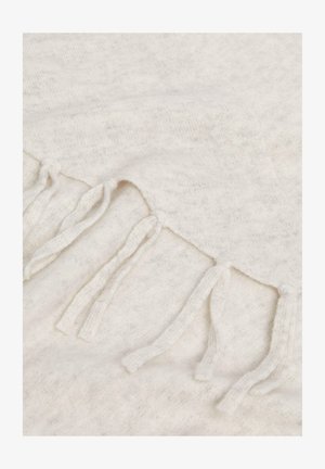 Jasnoszary szalik wykonany z miękkiego materiału, z teksturowaną powierzchnią i dekoracyjnymi frędzlami na jednym końcu.