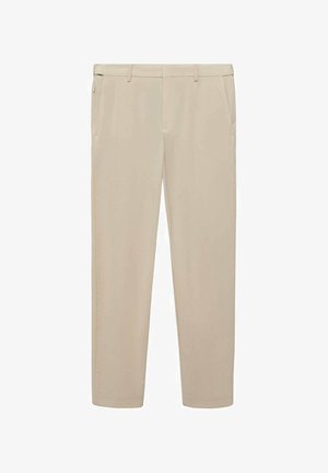 Pantaloni bej cu un design drept, două buzunare frontale și o textură netedă. Material ușor, potrivit pentru uz versatil.