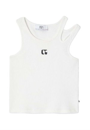 Débardeur blanc côtelé avec un design de bretelle asymétrique unique et un petit logo noir sur le côté gauche à l'avant. Texture douce.