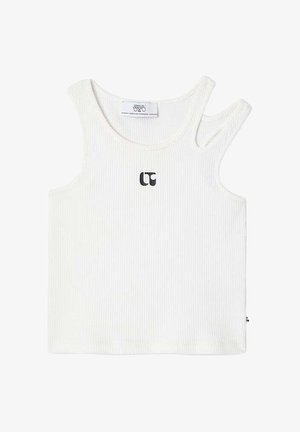 Débardeur blanc côtelé avec un design de bretelle asymétrique unique et un petit logo noir sur le côté gauche à l'avant. Texture douce.