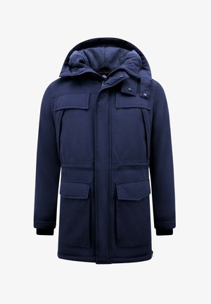 Marineblauwe parka-jas met een capuchon, twee voorzakken en een zachte voering aan de binnenkant. De stof oogt duurzaam met een gladde afwerking.