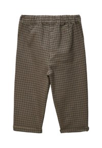Pantalons pour tout-petit à carreaux marron et noir avec taille élastique et ourlets repliés, présentés sur un fond blanc.