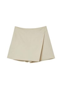 Gonna mini avvolgente beige con cerniera laterale e pannello frontale sovrapposto, realizzata in tessuto liscio.