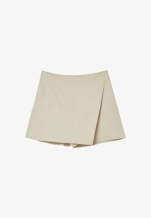 Gonna mini avvolgente beige con cerniera laterale e pannello frontale sovrapposto, realizzata in tessuto liscio.