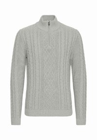 Light grey pullover sweater with a half-zip collar. Features textured cable knit patterns and ribbed cuffs and hem.