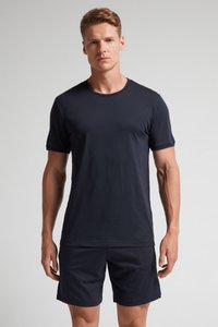 Marineblaues Kurzarm-T-Shirt und Shorts-Set, aus weichem Stoff, mit klassischem Rundhalsausschnitt, geradem Schnitt und schlichtem Design.