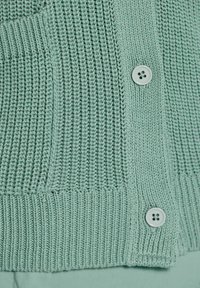 Grüne Strickjacke mit texturiertem Gewebe, geripptem Saum und zwei großen Knöpfen in passender Farbe.