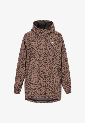 Braune Jacke mit Leopardenmuster und Kapuze, ausgestattet mit langen Ärmeln, elastischen Bündchen und Reißverschlusstaschen. Glattes Gewebe mit lässiger Passform.