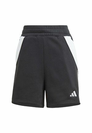 Shorts sportivi neri con vita testurizzata, pannelli laterali bianchi e logo Adidas in bianco nell'angolo in basso a destra.