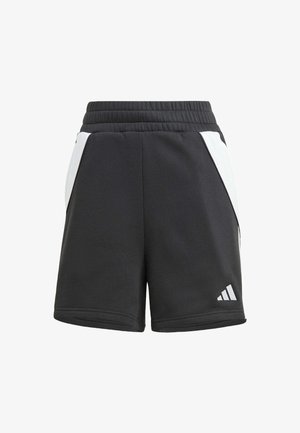 Shorts sportivi neri con vita testurizzata, pannelli laterali bianchi e logo Adidas in bianco nell'angolo in basso a destra.