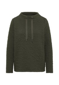 Sudadera verde oliva con un patrón texturizado, escote redondeado y cordones ajustables. Cuenta con mangas largas y un dobladillo recto.
