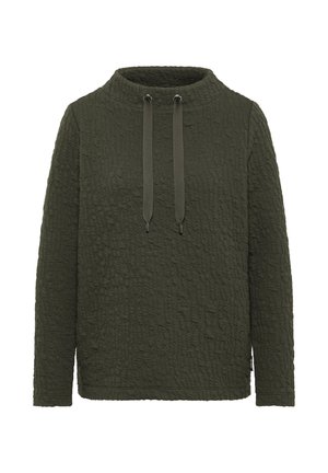 Olivgrüner Pullover mit strukturiertem Muster, rundem Ausschnitt und verstellbaren Kordeln. Verfügt über lange Ärmel und einen geraden Saum.