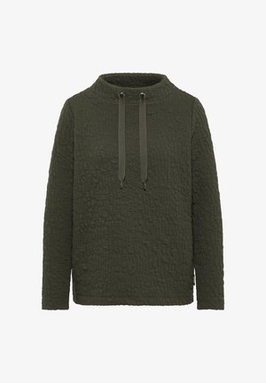 Olivgrüner Pullover mit strukturiertem Muster, rundem Ausschnitt und verstellbaren Kordeln. Verfügt über lange Ärmel und einen geraden Saum.