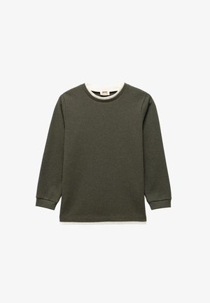 Olivegrünes Langarmhemd aus strukturiertem Stoff, runder Ausschnitt und weißer Innenkragen. Rippenbündchen und Saum, mit einem schlichten Design.