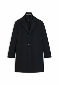 Marineblauer Wollmantel mit tailliertem Design, ausgestattet mit einem Reverskragen, einer innen liegenden Reißverschluss-Schicht, drei Knöpfen und Taschen an den Seiten.