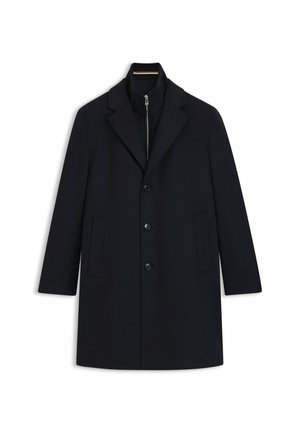 Marineblauwe wollen jas met een op maat gemaakt ontwerp, voorzien van een notch-kragen, een rits binnenlaag, drie knopen en zijzakken.