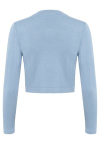 Ljusblå kort ärmad cardigan med långa ärmar, ribbat mönster och rundad halsringning. Inga knappar eller ytterligare utsmyckningar synliga.