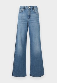 Wide-leg blue denim jeans with a faded finish, featuring a classic five-pocket design and metal button closure at the waist.