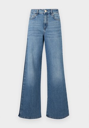 Wide-leg blue denim jeans with a faded finish, featuring a classic five-pocket design and metal button closure at the waist.