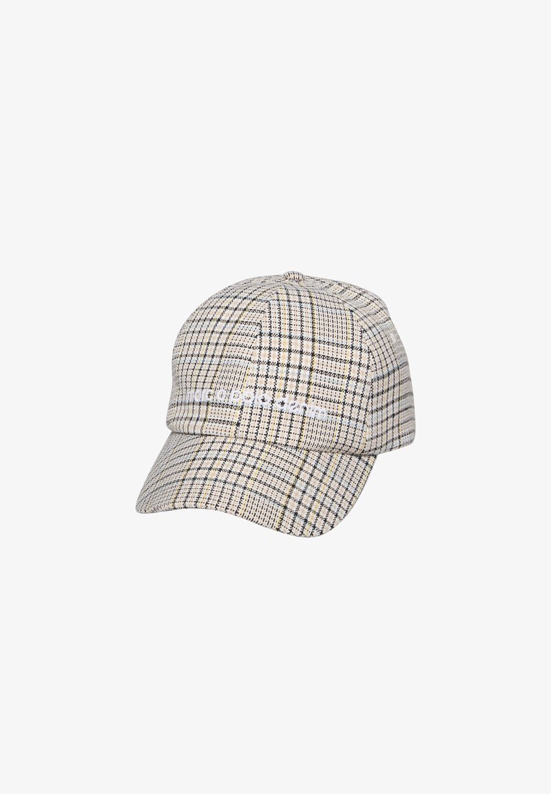 Plaid cap in beige, black, and yellow. Structured shape with a curved visor. Textile material with a textured surface pattern.