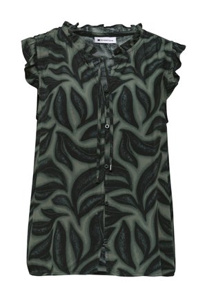 Blusa sin mangas de color verde oscuro con estampado negro de hojas, hombros fruncidos, botones delanteros y lazo en el escote.