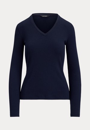 Lauren Ralph Lauren, RIB KNIT LONG SLEEVE V-NECK TOP - Jumper - navy