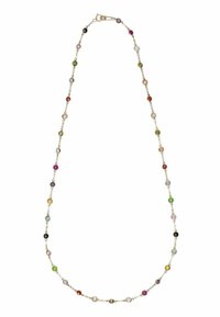 Gold-tone necklace with colorful, round gemstones in various hues, evenly spaced along a delicate chain, featuring a secure clasp.