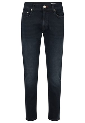 Jean en denim bleu foncé avec une coupe slim, dotée de poches avant, d'un zip et de quincaillerie argentée, avec une texture subtile et sans motifs distincts.