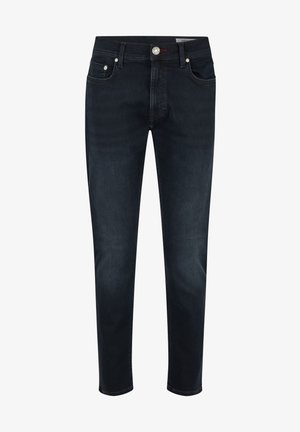 Ciemnoniebieskie dżinsy o slim fit, z przednimi kieszeniami, zamkiem błyskawicznym i srebrnymi detalami, o subtelnej fakturze i bez wyraźnych wzorów.