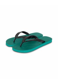 Zwarte neplederen flip-flops met textuurbanden, teal rubberen zolen en een plat ontwerp geschikt voor casual draag en zomeractiviteiten.